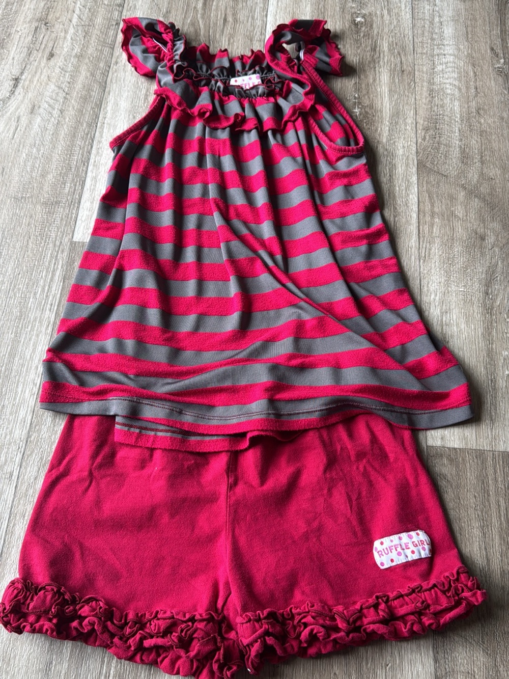 Ruffle Girl Pink & Gray Striped Ruffle Tank with Ruffle Shorts